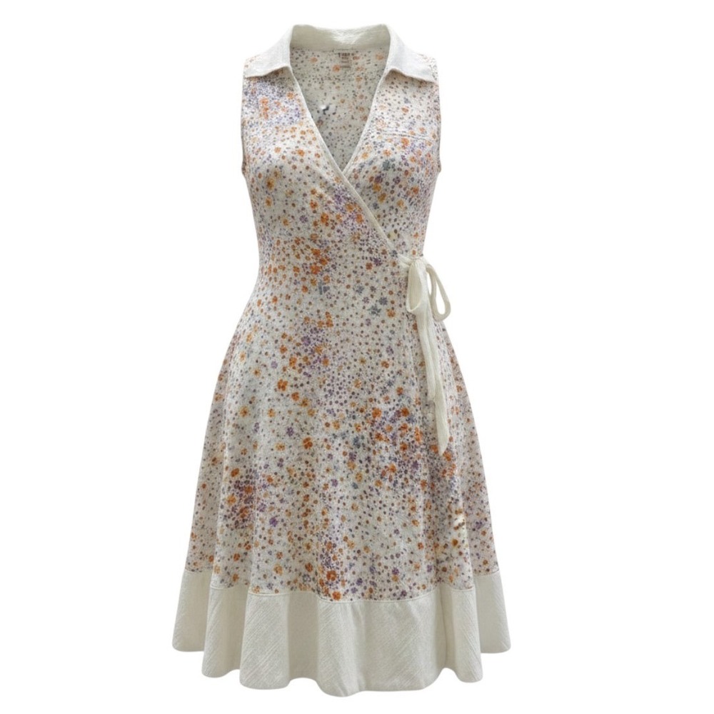 Free People Wrap Dress Women Size 4 White Floral Linen Blend Sleeveless Mini